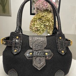 Eric Javits New York Black Woven Raffia Leather Trim Shoulder Bag